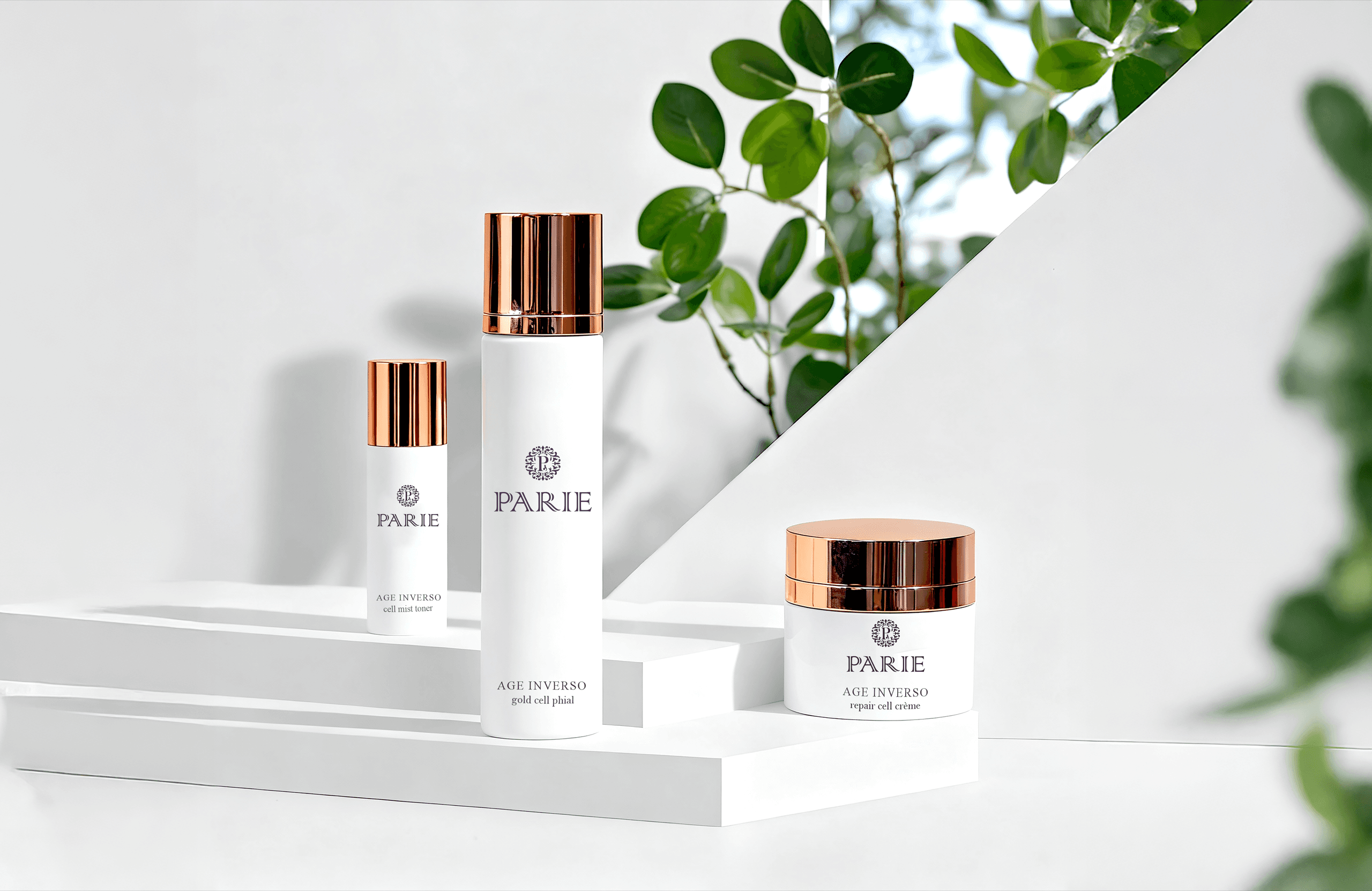 Parie luxury Korean skincare products arranged with traditional Korean elements including cherry blossoms, hanji screen, and jade roller on natural stone